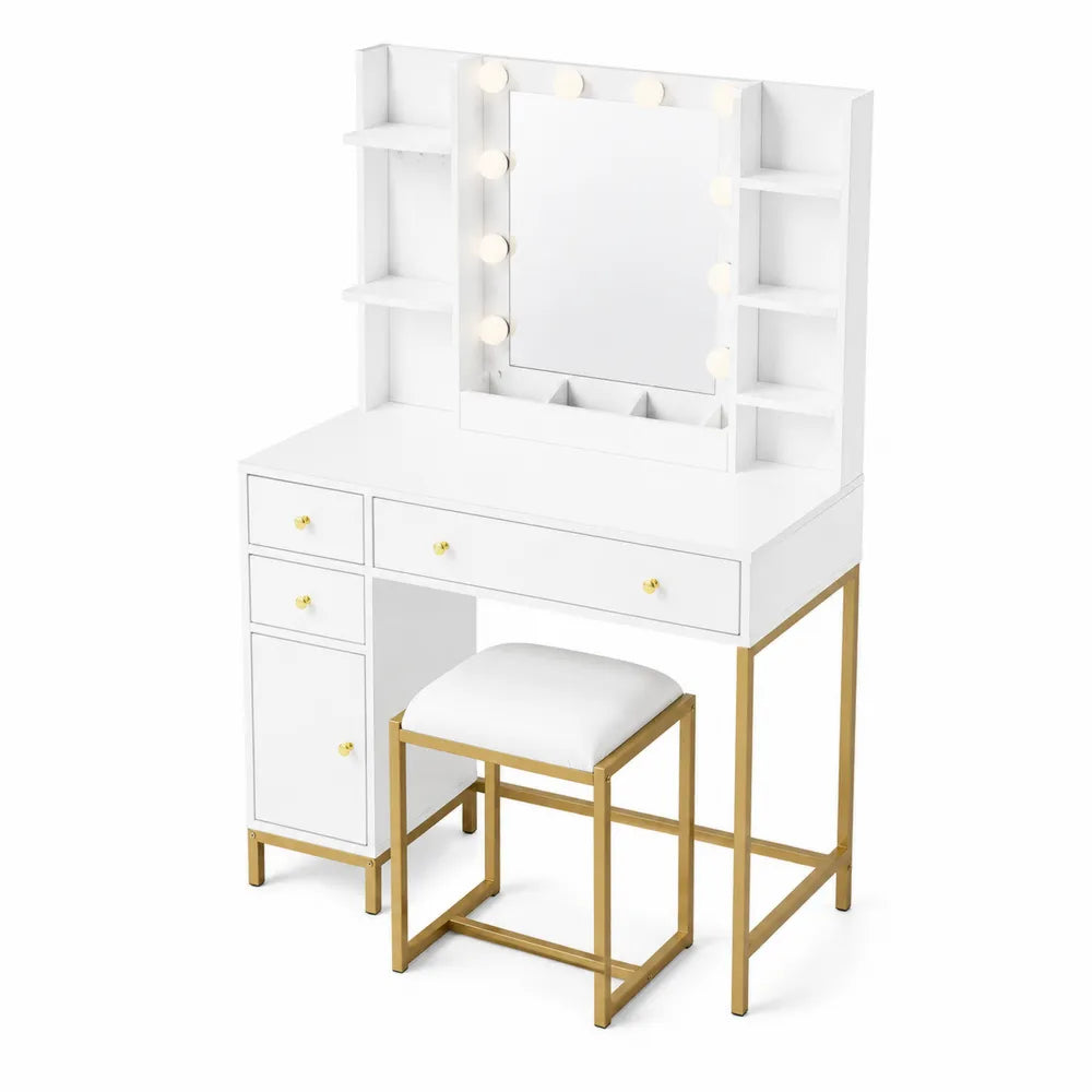 Toletta in Legno Composito con Specchio Illuminato e Sgabello Bianco Dorato