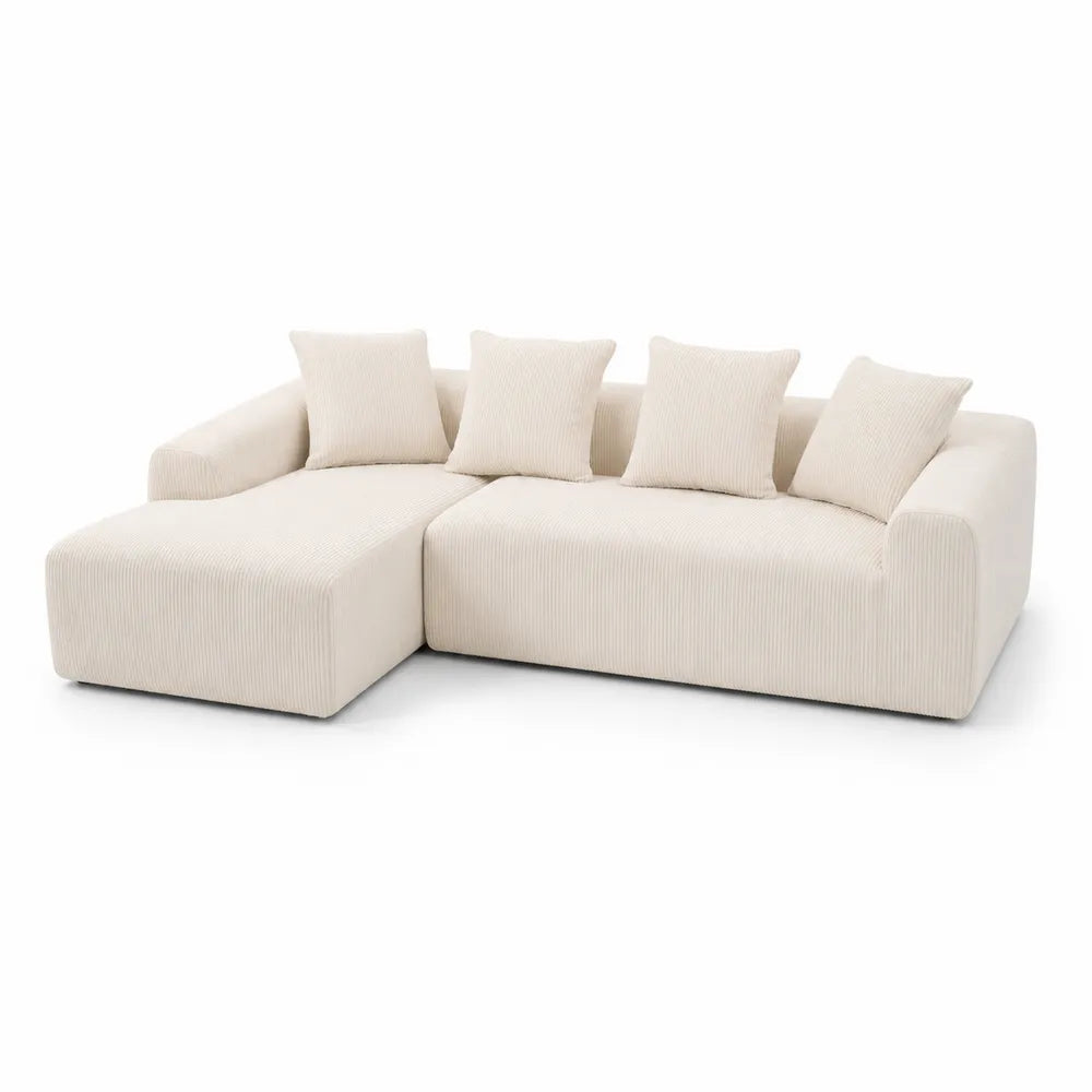 Divano Angolare in Tessuto a Coste Beige con Chaise Longue