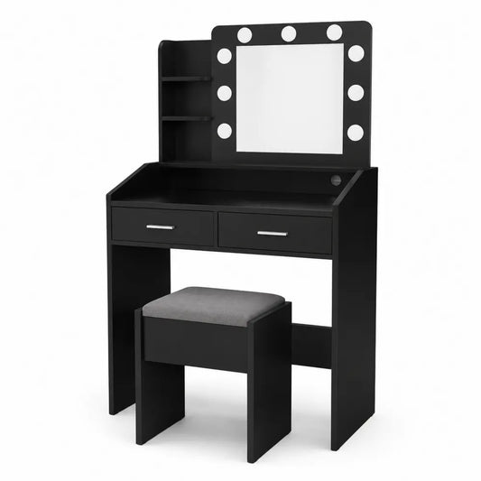 Toletta Nera con Specchio LED e Sgabello Imbottito