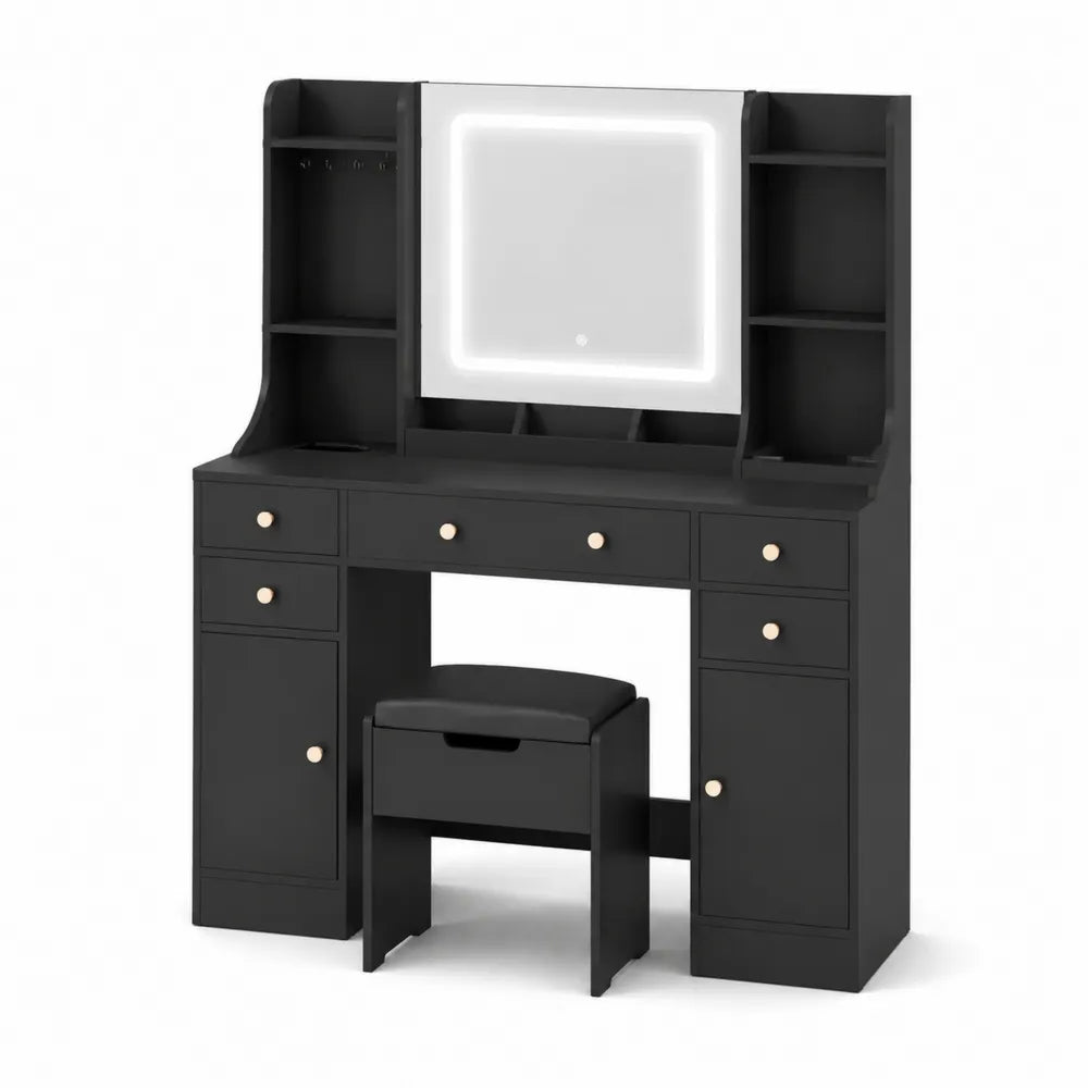 Toeletta in Legno con Specchio a LED e Sgabello Nero