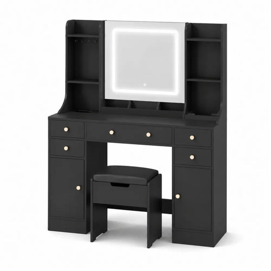 Toeletta in Legno con Specchio a LED e Sgabello Nero