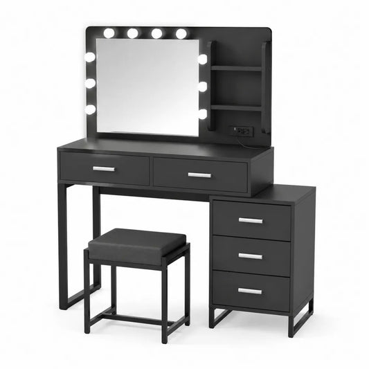 Tavolo da Trucco in Legno Nero con Specchio Illuminato e Sgabello