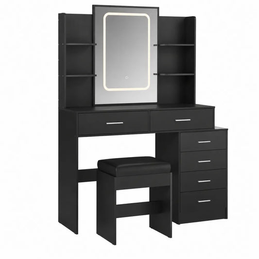 Toeletta in Legno con Specchio LED e Sgabello