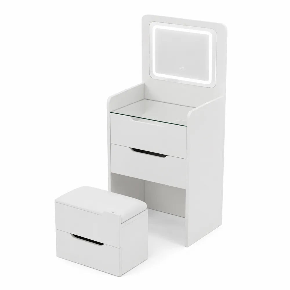 Toeletta in Legno con Specchio LED e Sgabello Bianco
