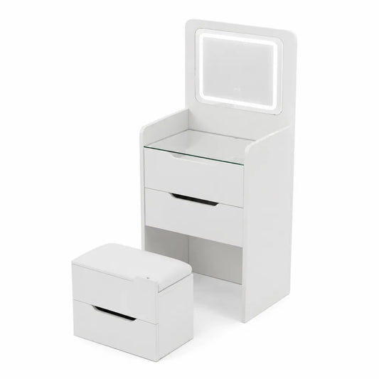 Toeletta in Legno con Specchio LED e Sgabello Bianco