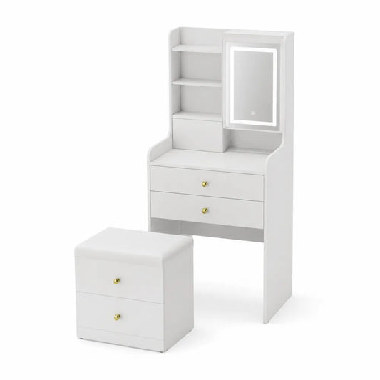 Tavolo da Toeletta con Specchio LED e Sgabello in MDF Bianco