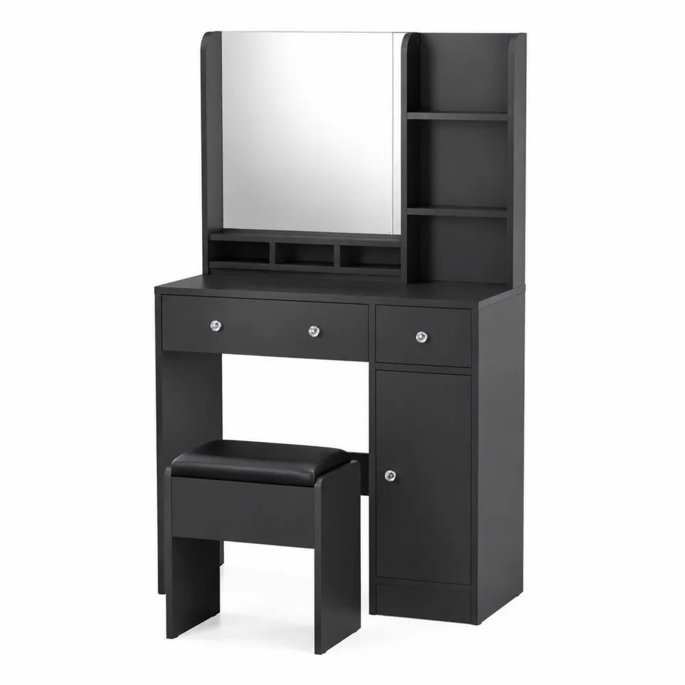 Toeletta in Legno con Specchio e Sgabello Nero