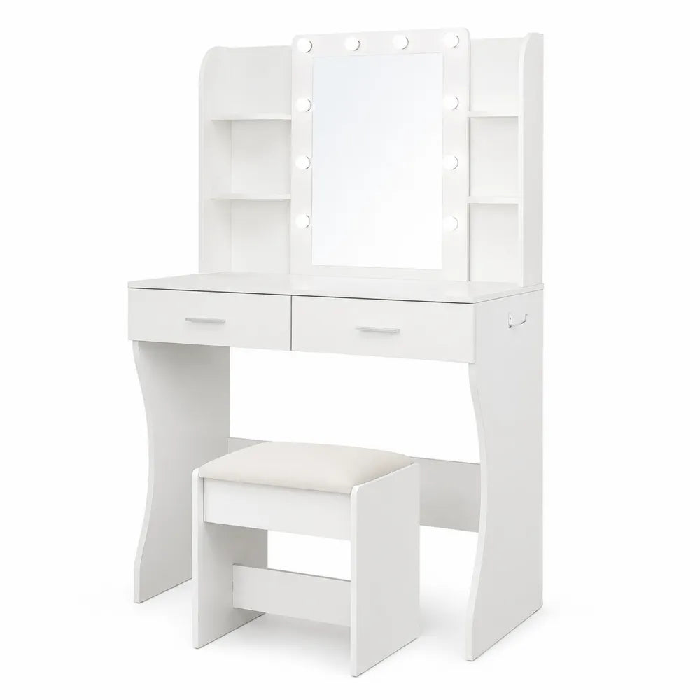 Toeletta in legno MDF bianco con specchio LED e sgabello imbottito