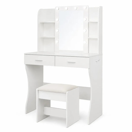 Toeletta in legno MDF bianco con specchio LED e sgabello imbottito